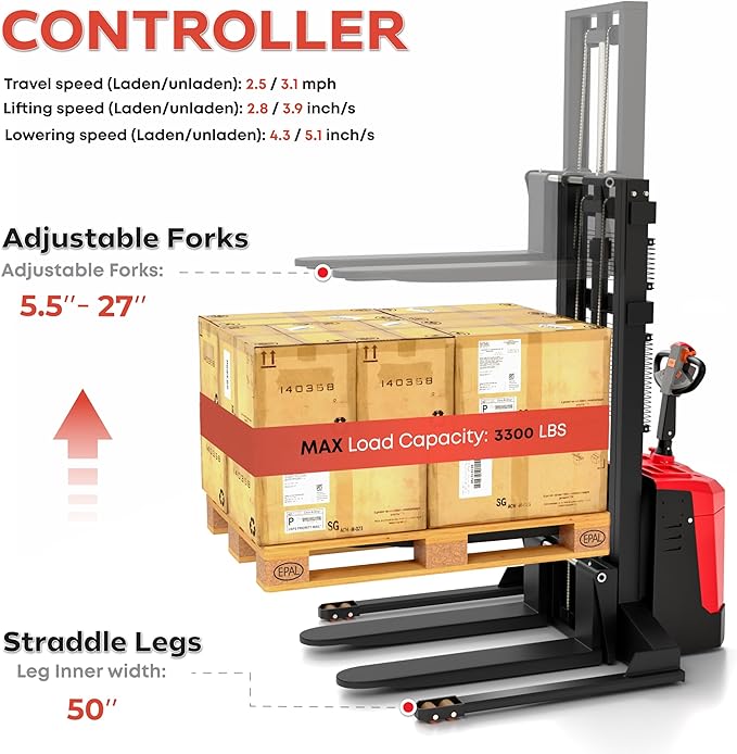 Full Electric Forklift Walkie Pallet Stacker with Stand - Fixed Straddle Legs and Adjustable Forks 5.50 Inch to 27 Inch ??Material Lifter 3300lbs Capacity 10Ft/118 Inch Lifting Heights (US-DS33K-118)