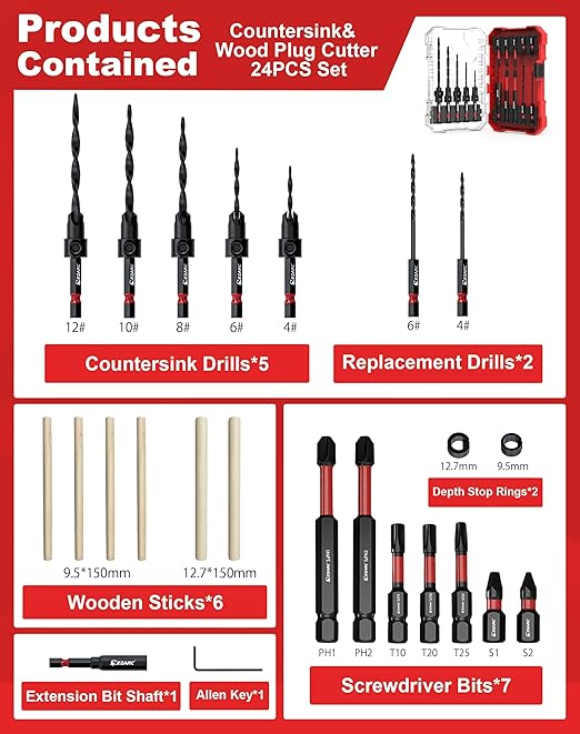 EZARC Countersink Drill Bit Set, 24 PCS Tapered Drill Bits Counter Sink Drill Bit with 6PCS Wooden Sticks 1/4" Hex Shank Quick Change for Woodworking with Storage Box
