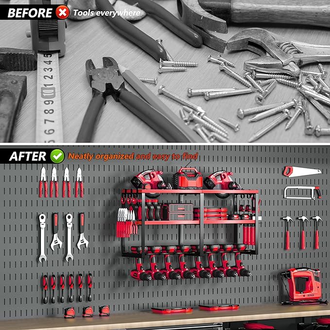 Power Tool Organizer Wall Mount, Heavy Duty Cordless Tool Organizer 8 Drill Holder, 3 Layer Garage Organization for Storage Rack, Suitable Tool Rack for Tool Room, Workshop, and Storage (Red)
