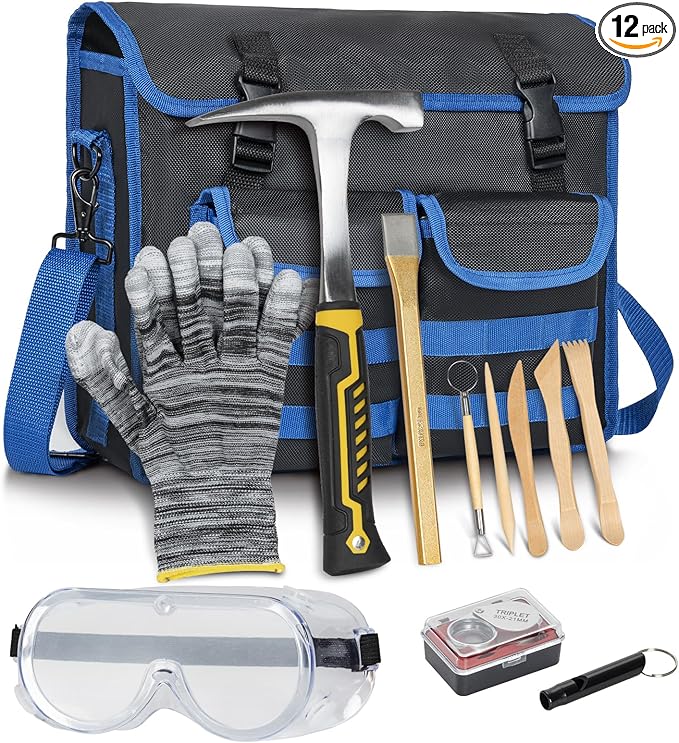 12PCS Geology Rock Pick Hammer Kit, Gold Mining & Prospecting Equipment Tool, including Hammer, Wooden Chisel, magnifying glass, Whistle, goggles, 5pcs wooden pottery knives