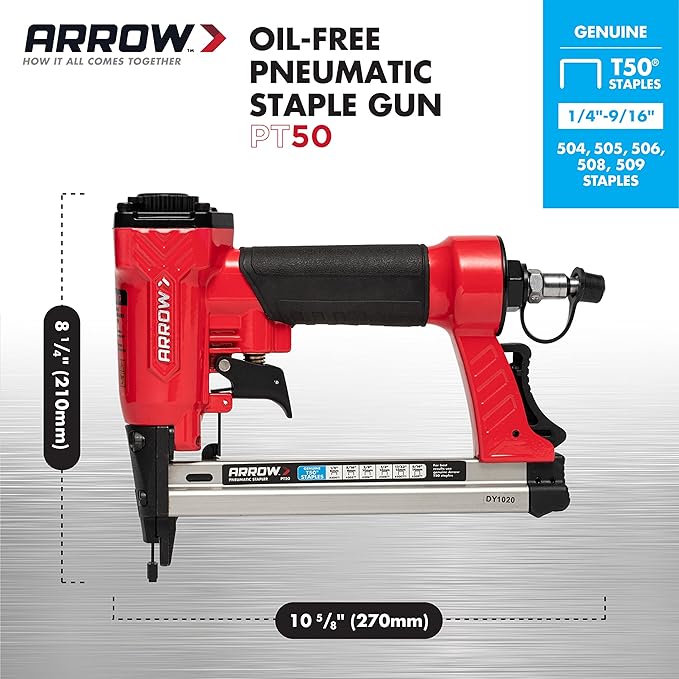 Arrow PT50 Oil-Free Pneumatic Staple Gun, Professional Heavy-Duty Stapler for Wood, Upholstery, Carpet, Wire Fencing, Fits 1/4?? 5/16?? 3/8", 1/2", 9/16??Staples , Red