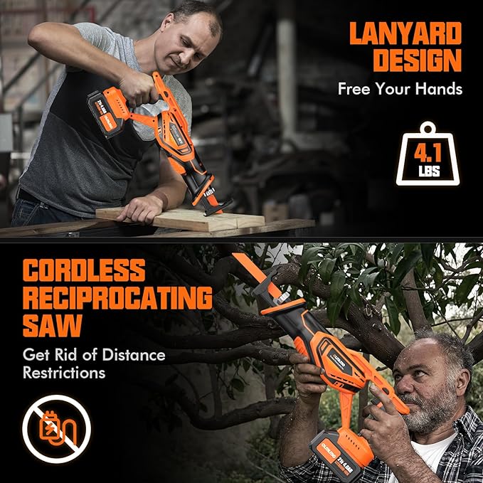 Reciprocating Saw Cordless with 8 Blades: 2 x 4.0Ah Battery, Brushless Motor 3300 RPM, Cordless Reciprocating Saw Kit for Wood PVC Metal Tree Bone Cutting DIY (Orange)
