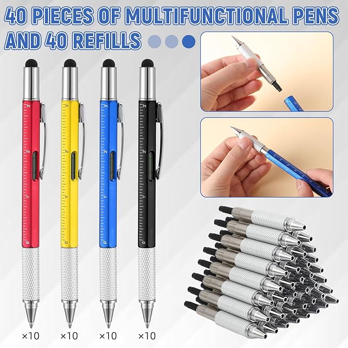 Yeaqee 40 Pcs Stocking Stuffers Bulk for Men 6 in 1 Screwdriver Multi Tool Pens with Refills Ruler Level Gauge for Party Favor Father's Christmas White Elephant Gifts (Novel Color)