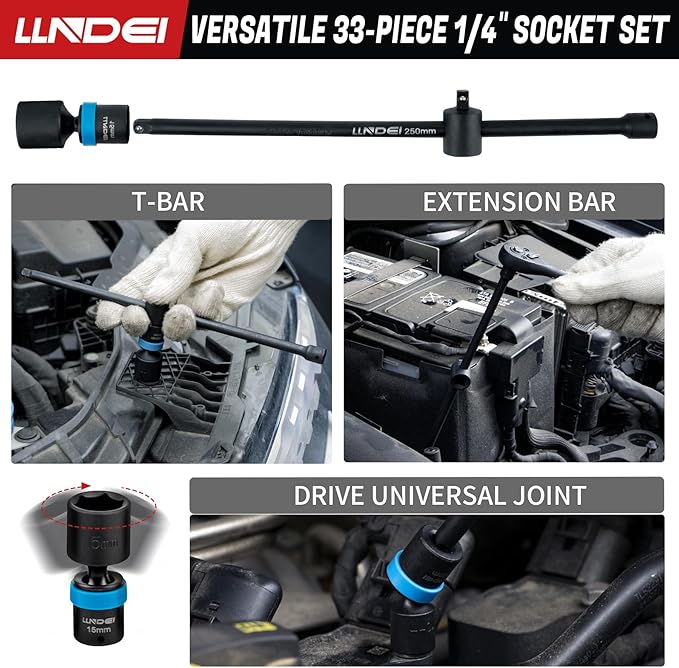 LLNDEI 1/4-Inch Drive Swivel Socket Set, 32 Pieces Standard SAE(5/32 to 9/16") Metric Size(4-15mm) CR-MO Wobble Sockets, 6 Point with Ratchet Wrench Handle, Extension Bars and Adapter