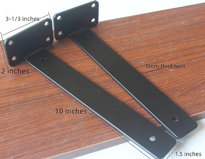 8 Pack - 10 inch Black Hidden L Shelf Bracket (1/5 Inch Thicked) Iron Floating Shelf Brackets Rustic Industrial Metal Brackets for Shelf Support