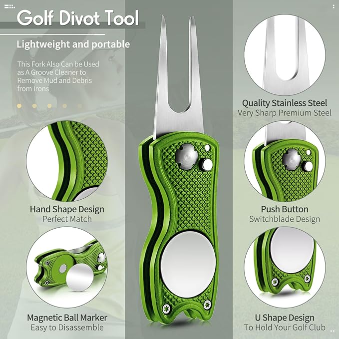Skylety 4 Pcs Golf Divot Repair Tool Metal Foldable Golf Divot Tool with Magnetic Pop-up Button Ball Marker Stainless Steel Switchblade for Golfers Prizes