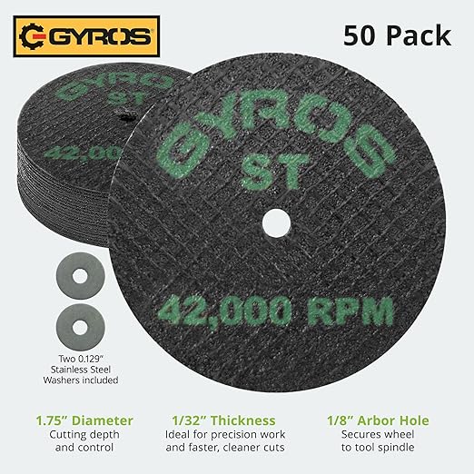 GYROS 1.75??Resin Cut-Off Wheels for Rotary Tools; 50 Double Fiberglass Reinforced Cutting Discs; Super-Tensile Materials like Titanium, Carbon; Dremel Cutting Tool Accessory; Made in USA 11-41702/50