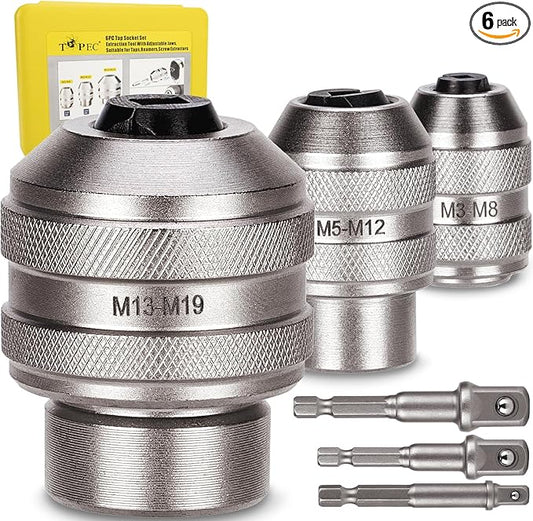 Topec Tap Sockets, 6-Piece Tap Socket Set, Extraction Tool, CR-MO Steel, Adjustable Handle with Metric M3-M19 Sockets & 1/4"-3/8"-1/2 Imperial Adapters