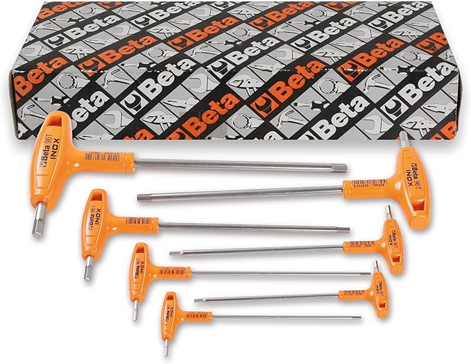 Beta 96TINOX Stainless Steel T-Handle Hex Key Wrench 7-Piece Set | High Torque Ergonomic Allen Wrench |Dual Hex Tips | Drop Prevention Hole | Industrial Strength | Made in Italy | 3/32-5/16"