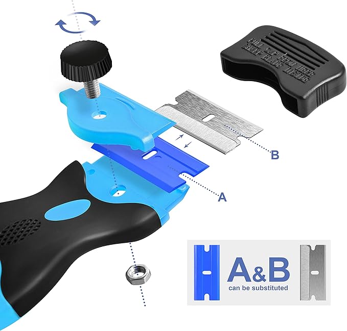 Razor Blade Scraper, Double Edge Razor Scraper Remover Tool with 30 Pcs Razor Blades for Labels Stickers Decals Removal Auto Window Tint Vinyl Tool Application (Blue)