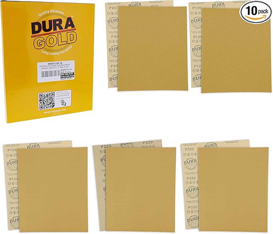 Dura-Gold Premium 9" x 11" Gold Sandpaper, 2 Each 80, 120, 150, 220, 320 Grit Sanding Sheets, 10 Total - Wood Woodworking, Automotive, Cut Use 1/4, 1/3, 1/2 Sheet Finishing Sanders, Hand Sanding Block