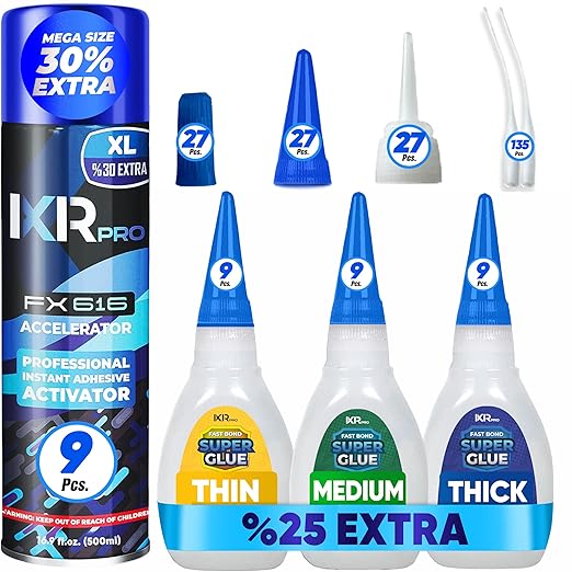 CA Glue with Activator Kit (27x1.75 oz. Thin-Medium-Thick + 9x16.9 fl.oz.) Cyanoacrylate Glue and Activator, Super Glue Accelerator, Super Glue for Wood, Woodworking, Plastic, Guitar, 3D Printing