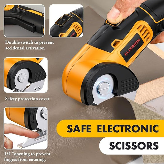 Cordless Electric Scissors Rotary Cutter with 2 Blades & Storage Bag | 4V 2000mAh Rechargeable | Heavy Duty for Cardboard Fabric Carpet Leather | Lightweight Portable (Yellow)
