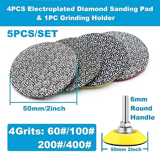2inch 50mm Electroplated Diamond Sanding Pad, 60/100/200/4000Grit Grinding Sandpaper Pad & 6mm Round Handle Hook and Loop Backing Holder for Detail Fine Buffing Polishing Trimming (5Pcs/Set)