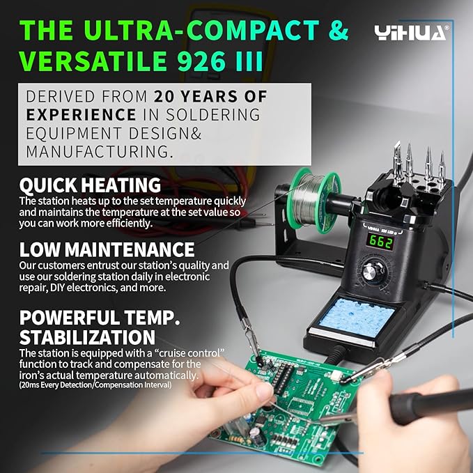 YIHUA 926 III 60W Digital Display Soldering Iron Station Kit w 2 Helping Hands, 6 Extra Iron Tips, Lead-Free Solder, Solder Sucker, S/S Tweezers, 째C/쨘F Conversion, Auto Sleep & Calibration Support