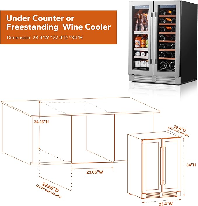 Ca'Lefort 24 Inch Wine and Beverage Refrigerator - 60 Can and 20 Bottle Wine Fridge Dual Zone 36-72째F, 3 LED Beverage Cooler Built in or Freestanding, Perfect for Home/Kitchen(4.10 cu.ft)