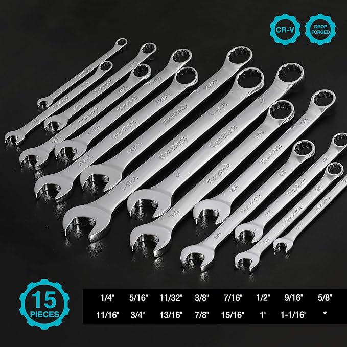 DURATECH Combination Wrench Set, SAE, 15-Piece, 1/4'' to 1-1/16'', 12-Point, CR-V Steel, with Rolling Pouch