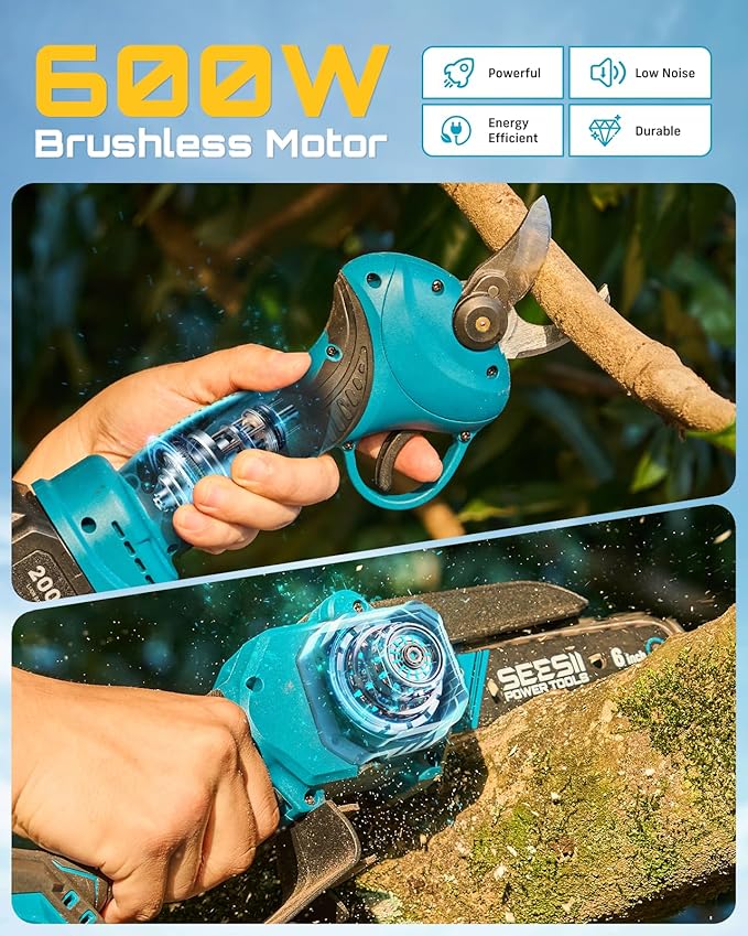 SEESII Mini Chainsaw & Electric Pruning Shears Combo, 6-inch Brushless Handheld Power Chain Saw, 1.2??Cutting Cordless Pruner for Tree Trimming, Tools Kit with 2x2000mAh Batteries, Fast Charger