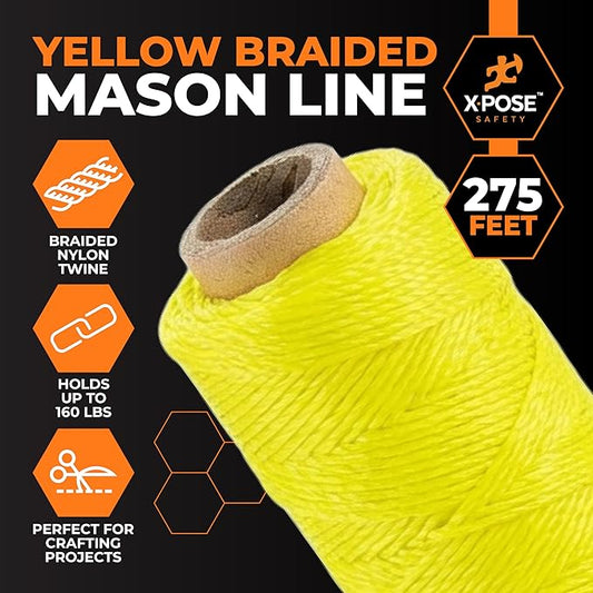 Xpose Safety Yellow Mason Line String ??#18 Braided Nylon Twine ??275 Ft Durable Construction Line for Masonry Tools, String Level, Landscaping, and Gardening Pack of 2