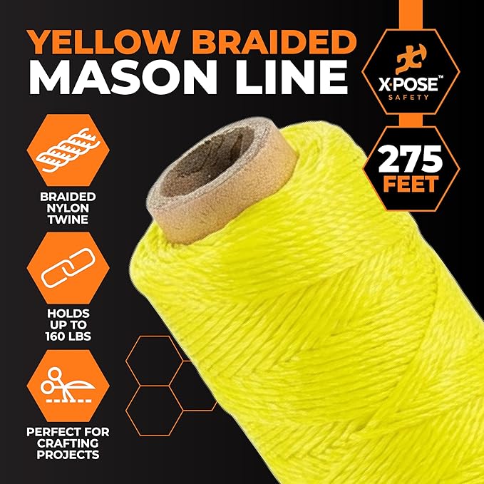 Xpose Safety Yellow Mason Line String ??#18 Braided Nylon Twine ??275 Ft Durable Construction Line for Masonry Tools, String Level, Landscaping, and Gardening