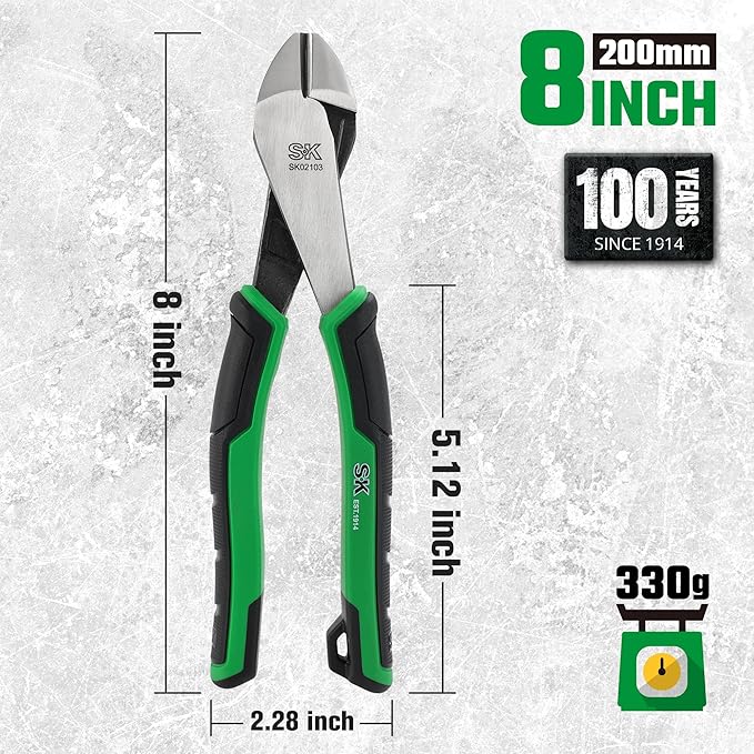 SK 8-Inch Diagonal Pliers, Heavy Duty Side Cutters, High Carbon Steel, Ergonomic Anti-slip Handle for Comfortable Grip
