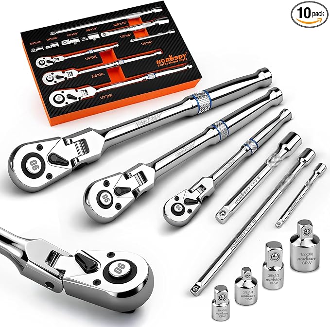 HORUSDY 10-Piece Flex-Head Ratchet Set, 1/4", 3/8" & 1/2" Drive Socket Wrenches, 90-Tooth Quick-Release Reversible Low-Profile, Extension Bars (4", 10", 6") & 4 Adapters for Bike & Home Repair