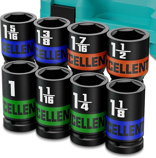 8 Pieces 3/4-Inch Drive Impact Socket Set, 1" to 1-1/2" Jumbo Socket, 6 Point SAE Sockets for Automotive Repair, Equipment Maintenance