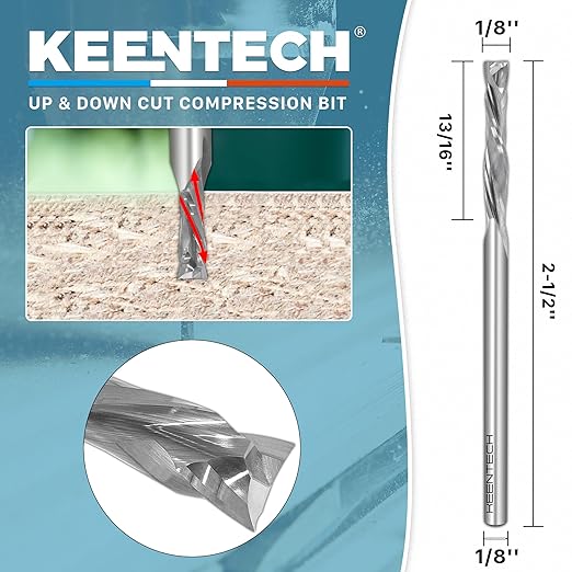 KEENTECH 1/8" Shank 2 Flute Flat Tip Compression Sprial Router Bit for CNC Router Machine, 1/8" Cutting Diameter, 13/16" Cutting Depth, for Wood Cutting, Custom Furniture, Slot Mortise, Engraving