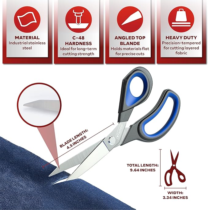 XFasten Sewing Scissors for Fabric Cutting Blue 9.5 Inch Professional Fabric Scissors Sewing | Heavy duty and Large
