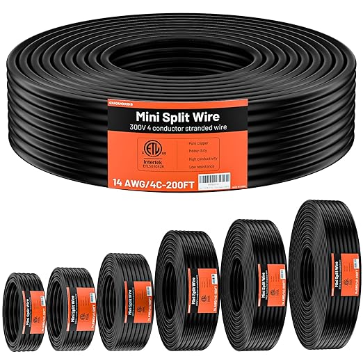 100% Pure Copper ETL Listed 14-4 Mini Split Cable | 14/4 Mini Split Communication Wire 200ft 300V Indoor/Outdoor for HVAC, Air Conditioner, Heat Pump & Speaker Systems