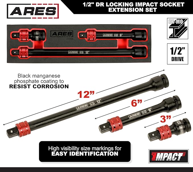 ARES 27098-3-Piece 1/2-Inch Drive Locking Impact Socket Extension Set ??Aluminum Locking Ring Collar for Quick Release of Sockets and Accessories ??3-Inch, 6-Inch, and 12-Inch Extensions