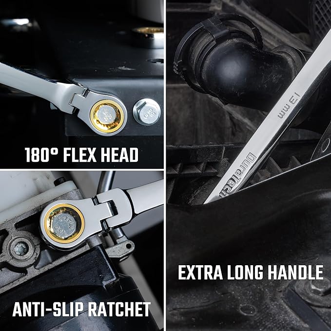 DURATECH Extra Long Anti-Slip Flex-Head Ratcheting Wrench Set, Double Box End Wrench Set, 6-Piece, Metric 8-19 mm, CR-V Steel, with Pouch