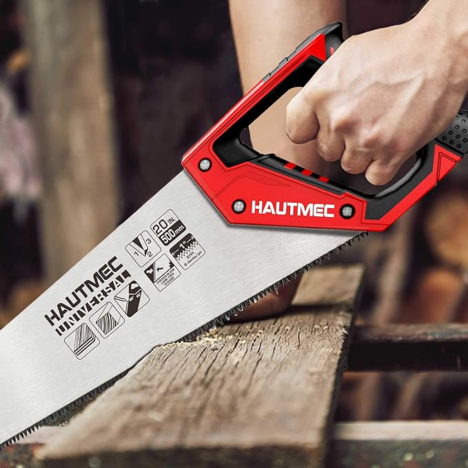 HAUTMEC 20" Universal Hand Saw, 8 TPI Triple-Ground Teeth, Low-Friction Blade, Ergonomic Handle with 45° & 90° Markers, Pro Handsaw for Wood, Plywood, Plastic, Tree Branch Cutting – HT0025