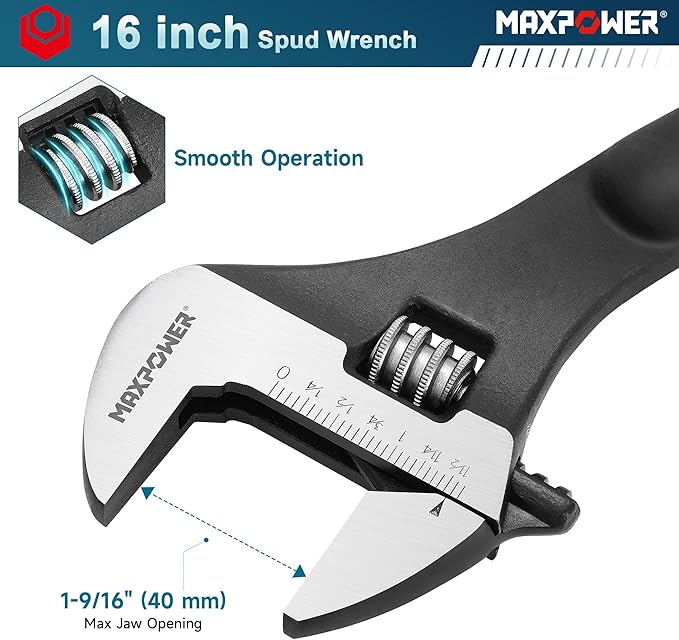 MAXPOWER 16 inch Spud Wrench, Max Jaw Opening 1-9/16 inch