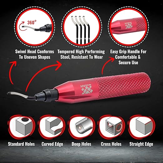 AFA Tooling - Deburring Tool with 11 HSS M2 Blades - Micro-Polished & Anodized Aluminum Handle with Diamond Knurled Grip - Ideal for Smaller Holes up to 1.5mm, 3D Printing, PVC & Metal