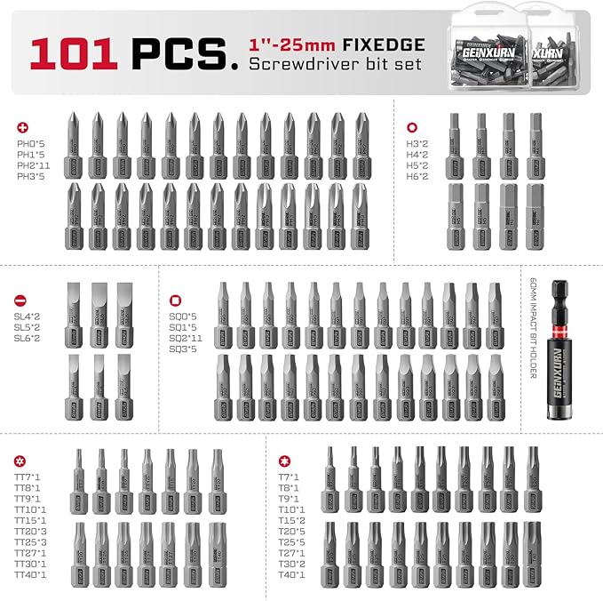 101Pieces Fixedge Screwdriver Bit Set, 1 inches Magnetic S2 Alloy Steel Phillips/Slotted/Square/Torx/Hex/Security Torx Insert Power Bits Tips with Impact Bit Holder and Portable Storage Cases