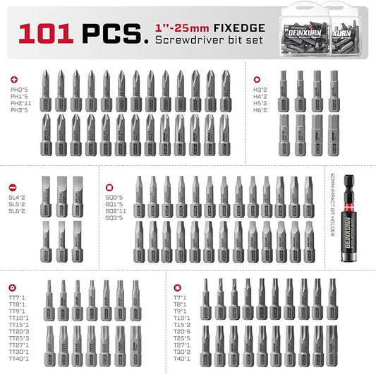 101Pieces Fixedge Screwdriver Bit Set, 1 inches Magnetic S2 Alloy Steel Phillips/Slotted/Square/Torx/Hex/Security Torx Insert Power Bits Tips with Impact Bit Holder and Portable Storage Cases