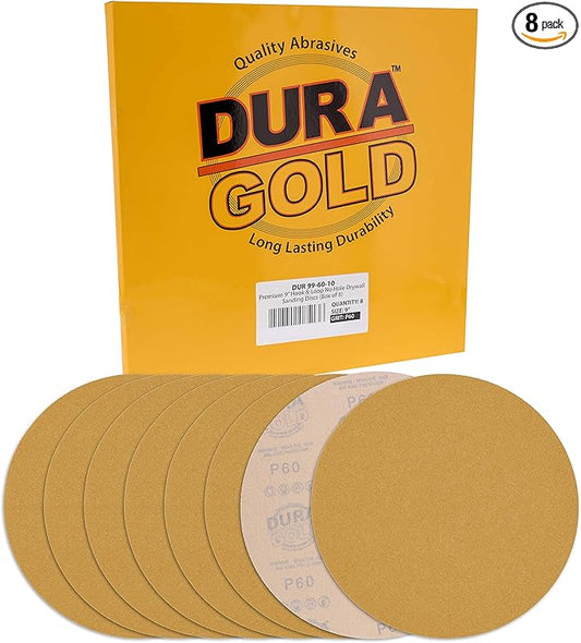 Dura-Gold Premium 9" Drywall Sanding Discs - 60 Grit (Box of 8) - High-Performance Sandpaper Discs with Hook & Loop Backing, Fast Cutting Aluminum Oxide Abrasive - for Drywall Power Sander, Wood