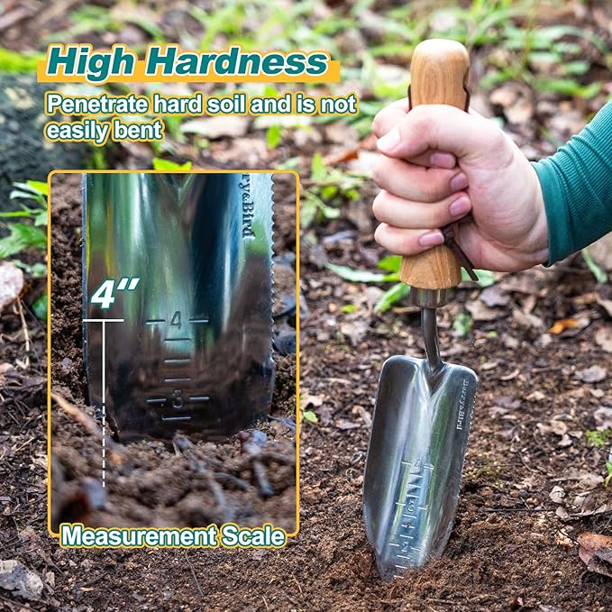 Berry&Bird Potting Trowel, Stainless Steel Serrated Hand Shovel, Wood Handle Garden Trowel Tool with Measuring Scale for Effortless Digging,Roots竊똏lanting, Cutting and Transplanting