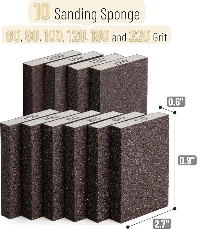 Bates- Drywall Sanding Blocks, 10 Pack, 60/80/100/120/180/220 Grit Assortment, Drywall Sanding Sponge for Wood, Washable & Reusable