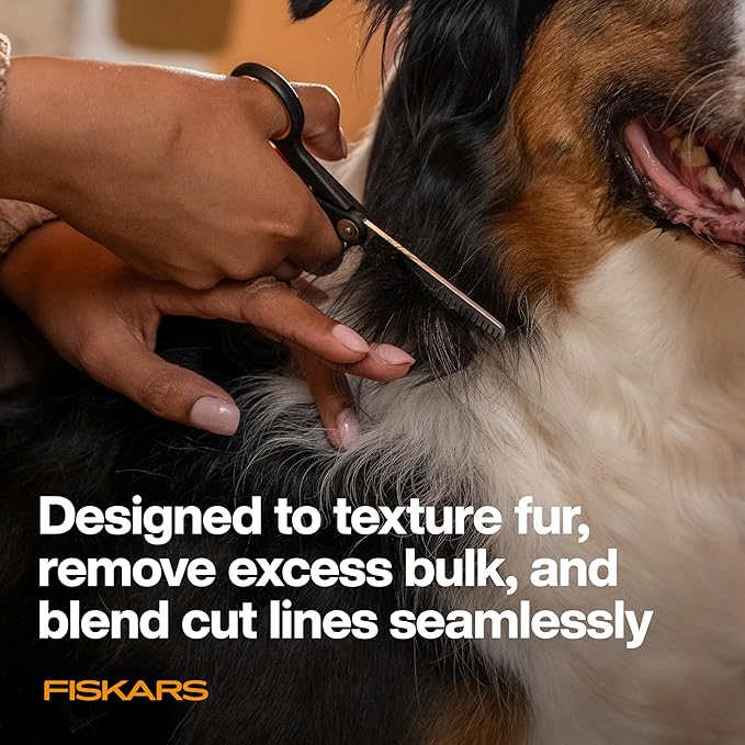 Fiskars Pet Scissors, Dog and Cat Grooming Scissors, Serrated Teeth for Thinning & SoftGrip Handle, Cat and Dog Supplies, 6.5?? Orange/Black, Blending Scissors