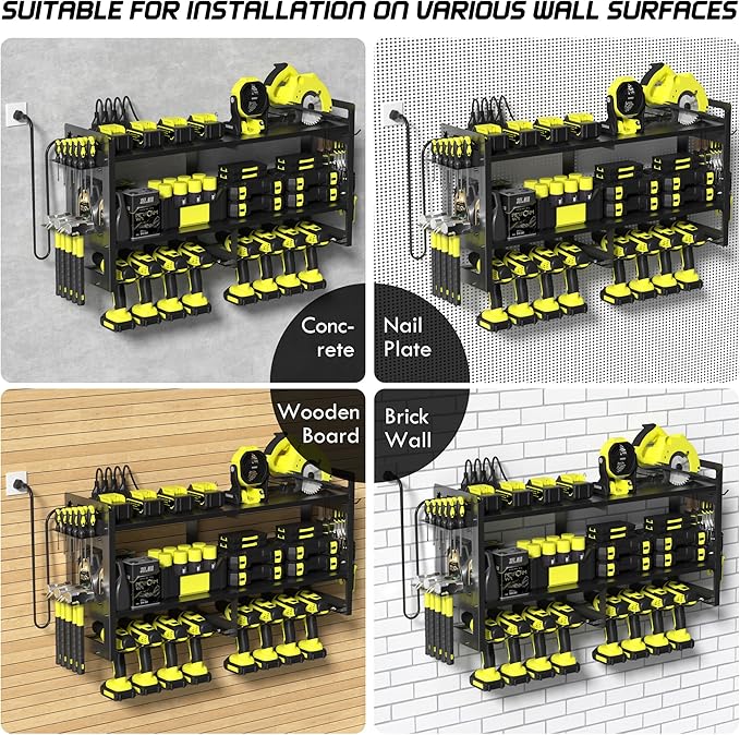 TOPRINCE Large Power Tool Organizer Wall Mount with Charging Station, 3-Tier Heavy Duty Metal Tool Rack with 8 Drill Holders and 6FT Power Strip, Garage Workshop Storage.Black