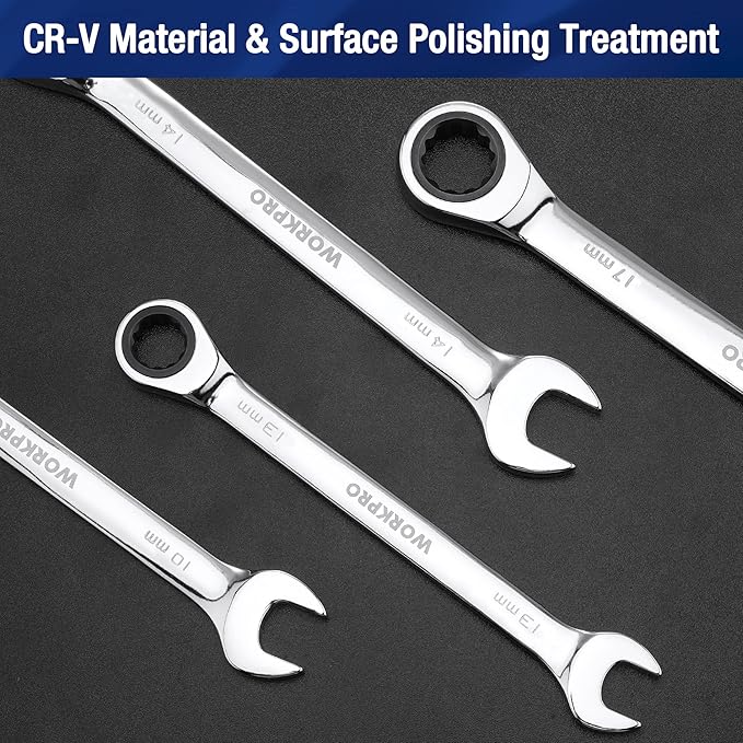 WORKPRO 22-Piece Ratcheting Combination Wrench Set, 72 Teeth, Combo Ratchet Wrenches Set with Organizer Box, Metric 6-18mm & SAE 1/4-3/4"