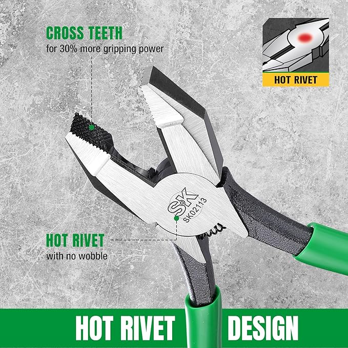 SK 9" Ironworker's Pliers, Wire Cutters With Heavy Duty Knurled Jaws, Spring Loaded Side Cutters, Premium CR-V Steel Construction, Linesman Pliers With Hook Bend Handle