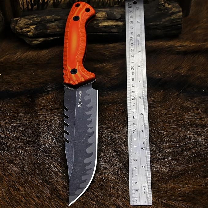 BA-KOR 12.4in Full Tang Fixed Blade Hunting Knife – 6mm 9CR18MoV Steel, G10 Handle, Stonewashed Sawback Blade with Kydex Sheath & Fire Starter for Outdoor, Camping, Survival (Orange with light yellow stripes)