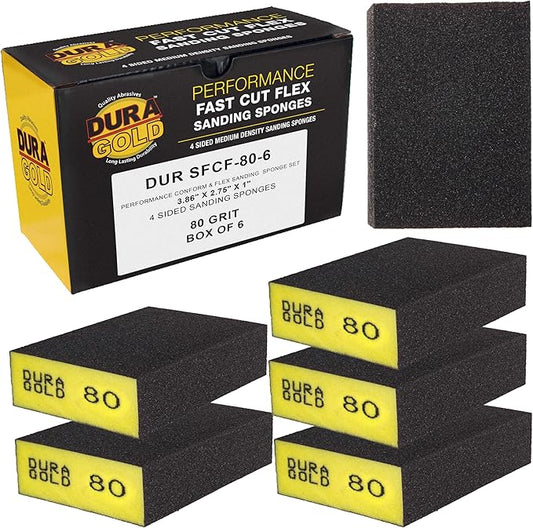 Dura-Gold 80 Grit 4-Sided Hand Sanding Block Sponges, Box of 6 - Performance Flex 3.9" x 2.75" x 1" Wet or Dry Flexible Sandpaper Abrasive Brick Pads, Reusable - Sand Wood, Drywall, Metal, Auto Paint