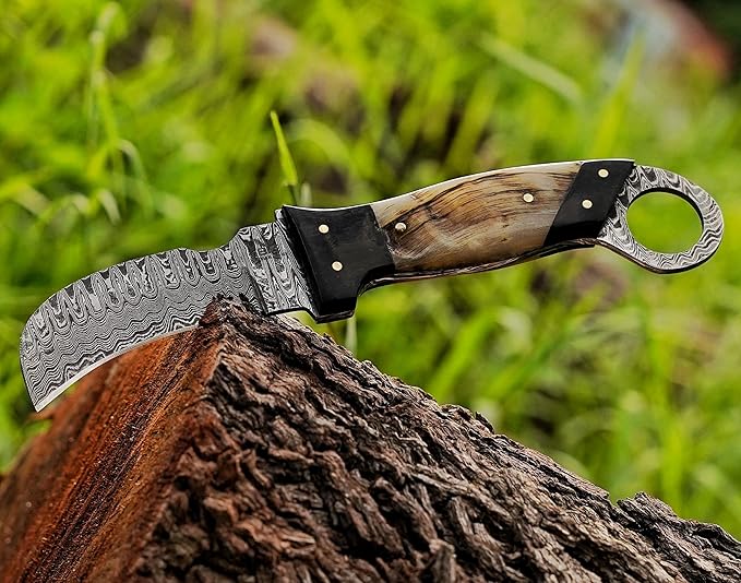 Handmade 1095 Steel Lineman’s Hawkbill knife with Leather sheath, Heavy Duty Utility Knife blade Electrician Wire Skinning knife for professional.(Horn)
