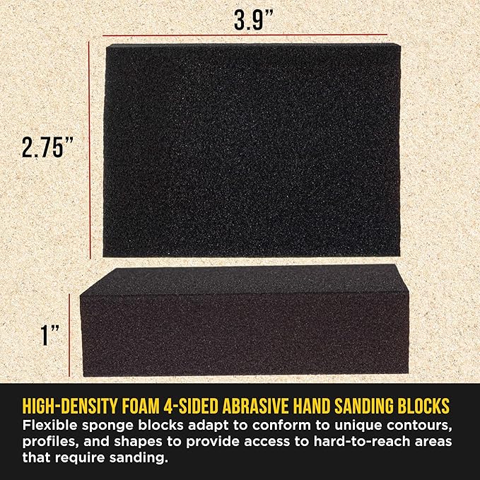 Dura-Gold 100 Grit 4-Sided Hand Sanding Block Sponges, Box of 6 - Performance Flex 3.9" x 2.75" x 1" Wet or Dry Flexible Sandpaper Abrasive Brick Pads, Reusable - Sand Wood, Drywall, Metal, Auto Paint
