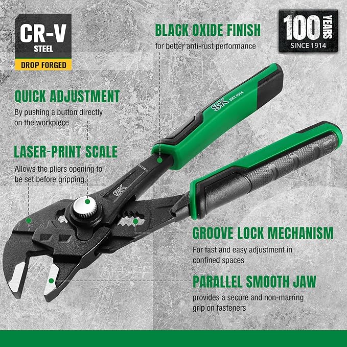SK 7.5-Inch Pliers Wrench, Premium CR-V Construction, Smooth Parallel Jaws with Comfortable Grips