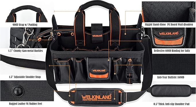 WELKINLAND 19-POCKETS Tool tote, HVAC tool bags organizer, Heavy-Duty electrician tools bag, Tool tote bag w/socket organizer tool boxes, Stay-Up maintenance tools bags